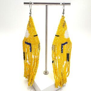 Silver Tone Yellow Blue White Beaded Large Dangle Earrings Size 5" Length